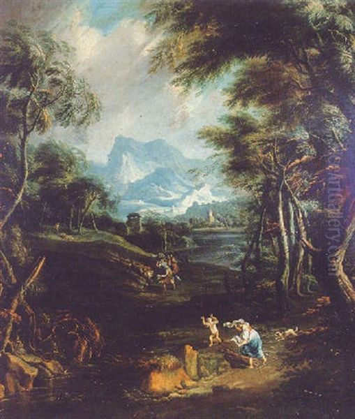 A Wooded River Landscape With Peasants And Farm Animals Fleeing From An Oncoming Storm Oil Painting by Pieter Mulier the Younger