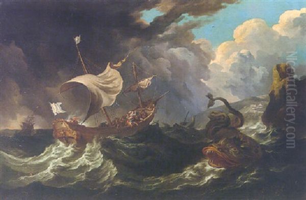 A Shipping Scene On Choppy Seas With Jonah And The Wale Oil Painting by Pieter Mulier the Younger