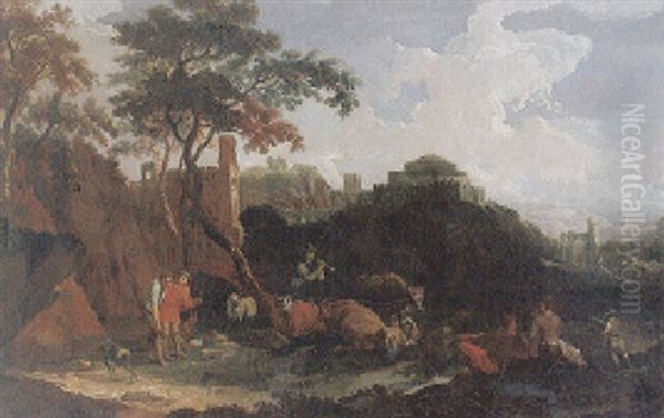 Sudliche Landschaft Mit Herde, Hirten Und Rastenden Bauern Vor Einer Festung Und Ruine Oil Painting by Pieter Mulier the Younger