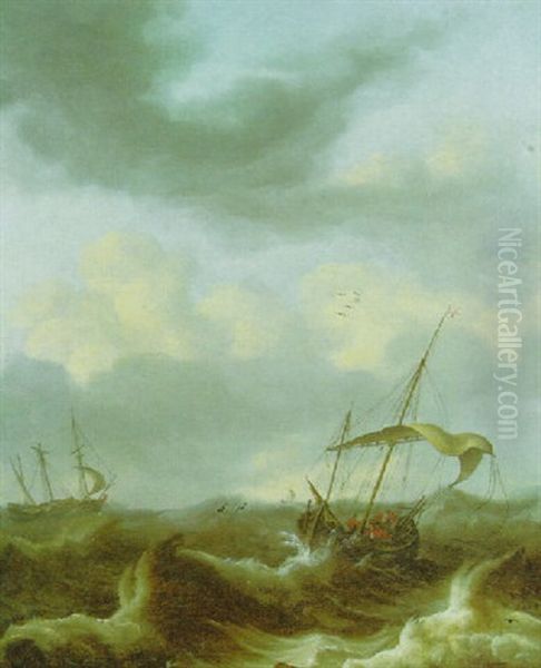 A Kaag And A Fluyt In A Storm Oil Painting by Pieter Mulier the Younger