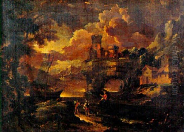 Paesaggio Fluviale Con Un Arco Naturale, Un Casamento Turrito E Una Massaria, Con Una Lancia E Tre Astanti Oil Painting by Pieter Mulier the Younger