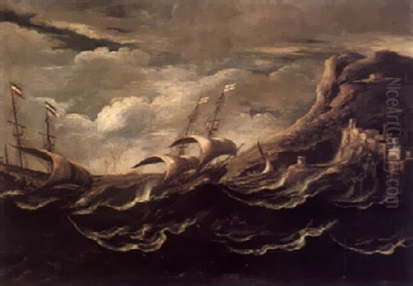 A Rocky Coastal Landscape With Ships Sailing On Stormy Seas Oil Painting by Pieter Mulier the Younger