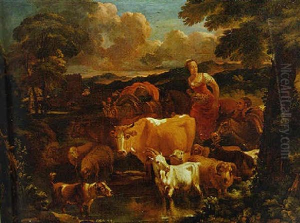 A Stormy Landscape With Travellers, A Packmule And Livestock Fording A Stream Oil Painting by Pieter Mulier the Younger