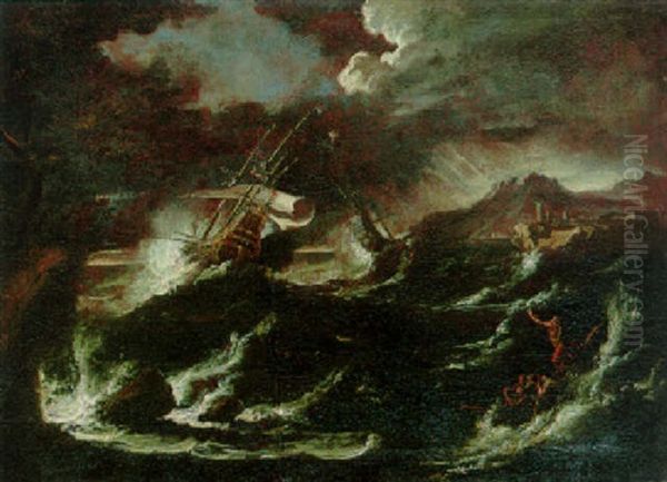 Warships Foundering Off A Rocky Shore In A Storm Oil Painting by Pieter Mulier the Younger