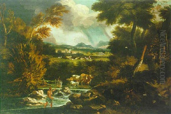 Wooded River Landscape With A Fisherman, Mountains Beyond Oil Painting by Pieter Mulier the Younger