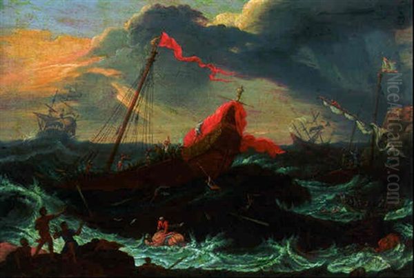 A Galleon And Other Shipping In Distress Off A Rocky Coast With Castaways On An Outcrop Oil Painting by Pieter Mulier the Younger