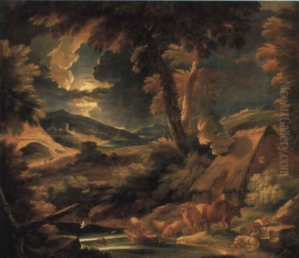 A Moonlit River Landscape With A Herdsman Sleeping By His Flock Oil Painting by Pieter Mulier the Younger