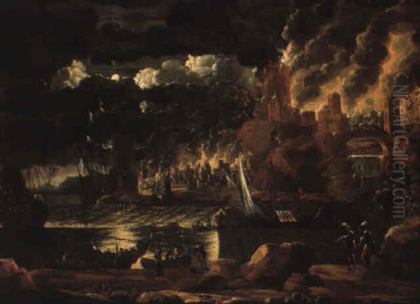 A Moonlit Mediterranean Harbour With A Town Burning Beyond Oil Painting by Pieter Mulier the Younger