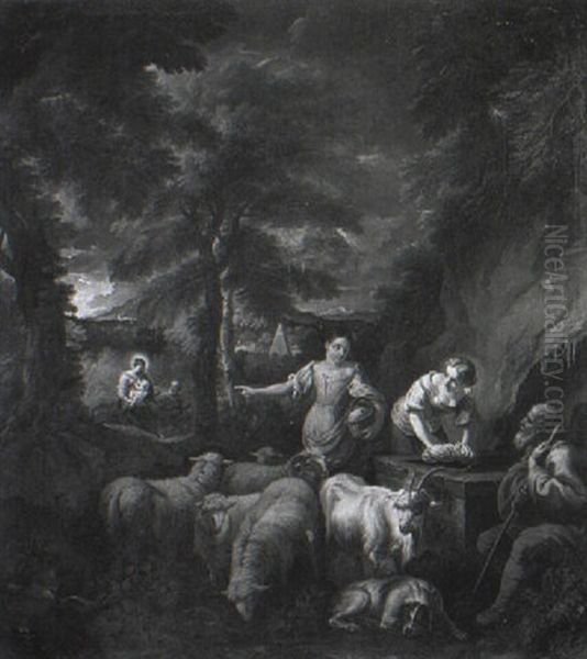 Herdsman And Two Washerwomen At A Fountain In A Wooded Landscape Oil Painting by Pieter Mulier the Younger