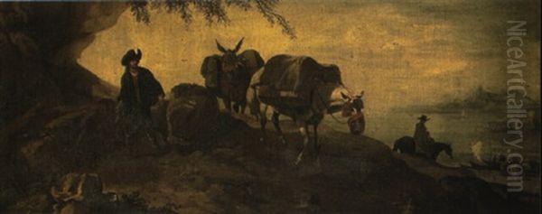 Traveller And Donkeys On A Rocky Track, A Coastline Beyond Oil Painting by Pieter Mulier the Younger