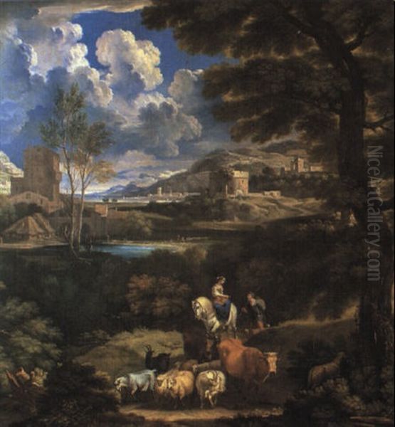 Paesaggio Con Donna A Cavallo, Pastore E Armento by Pieter Mulier the Younger