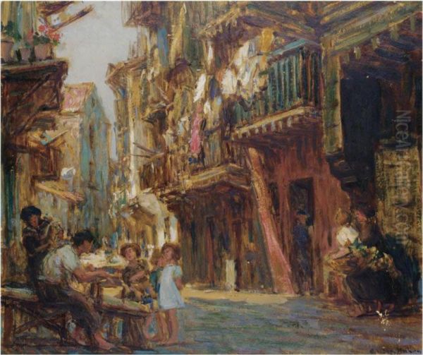 Busy Street Scene, Mahon Oil Painting by Gonzalo Bilbao Martinez