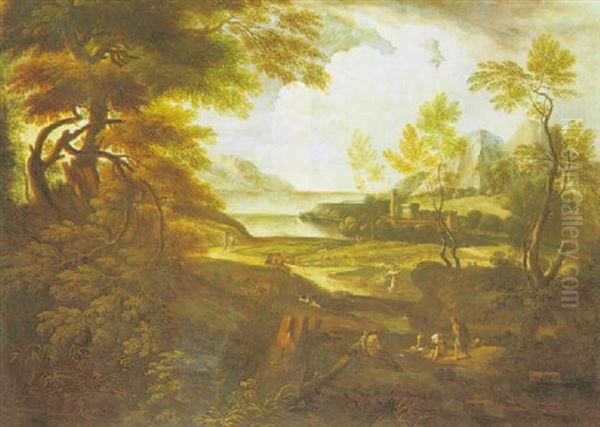 A Rocky Mediterranean Coastal Inlet With                    Peasants And Shepherds Oil Painting by Pieter Mulier the Younger