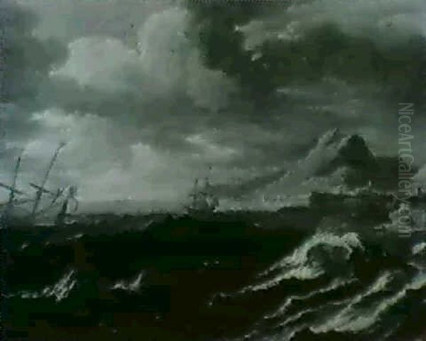 Shipping In Choppy Seas Off The Coast. In A Carved Wood     Frame. Oil Painting by Pieter Mulier the Younger