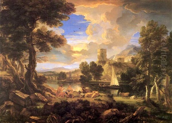 A Mountainous River Landscape With Orpheus And Eurydice Oil Painting by Pieter Mulier the Younger