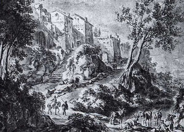 An Italianate Landscape With Peasants And Animals Near A    Town Oil Painting by Pieter Mulier the Younger