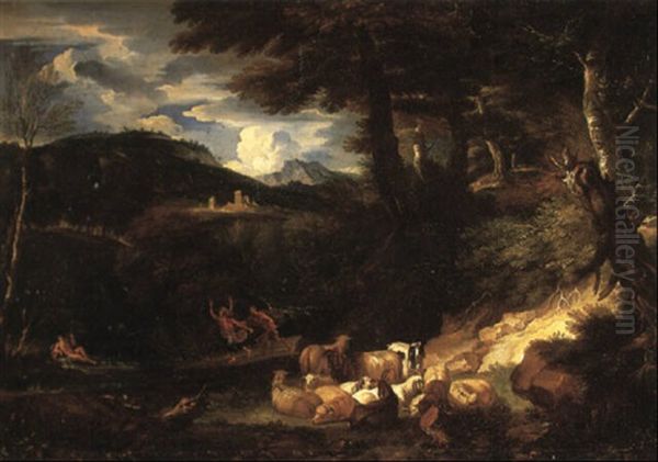 Pan And Syrinx In A Southern Landscape, With Sheep And Goats In The Foreground Oil Painting by Pieter Mulier the Younger