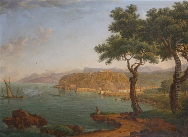 A Coastal Landscape With An Angler On The Shore, Fishing Boats And Other Vessels On The Water, And The Harbour Of Tropea (calabria) Beyond Oil Painting by Johann Jacob Mueller de Riga