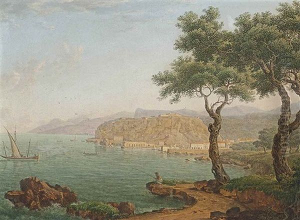 A Coastal Landscape, With An Angler On The Shore, Fishing Boats And Other Vessels On The Water, The Town Of Tropea Beyond Oil Painting by Johann Jacob Mueller de Riga