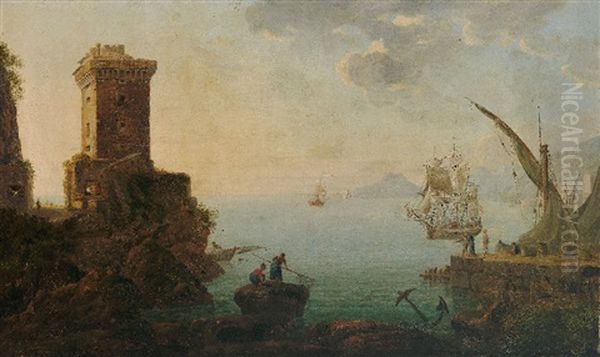 Italienische Kustenlandschaft Mit Wehrturm, Hafen Und Booten Oil Painting by Johann Jacob Mueller de Riga