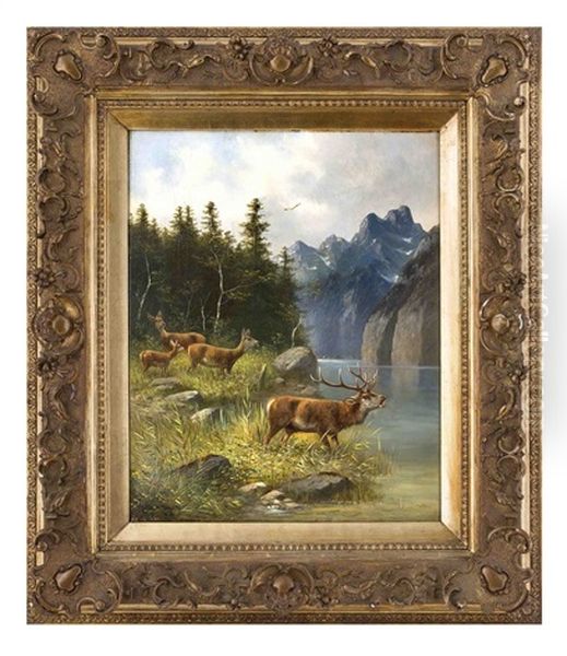 Rotwild Am Gebirgssee Oil Painting by Moritz Mueller the Elder