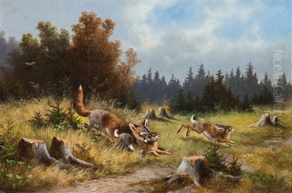 Fuchs Bei Der Hasenjagd Auf Einer Lichtung Oil Painting by Moritz Mueller the Elder