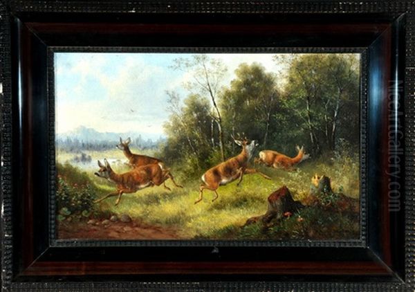 Aufgeschreckte Rehe Auf Waldlichtung by Moritz Mueller the Elder