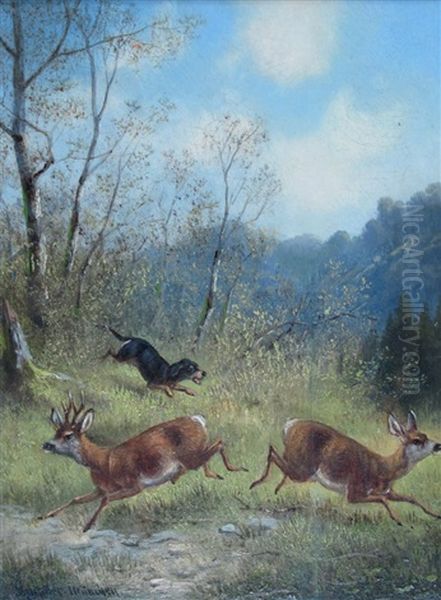 Dackel Jagt Rehe An Einem Sonnigen Fruhlingstag Oil Painting by Moritz Mueller the Elder