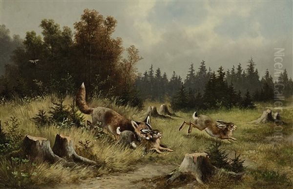 Fuchs Bei Der Hasenjagd Oil Painting by Moritz Mueller the Elder