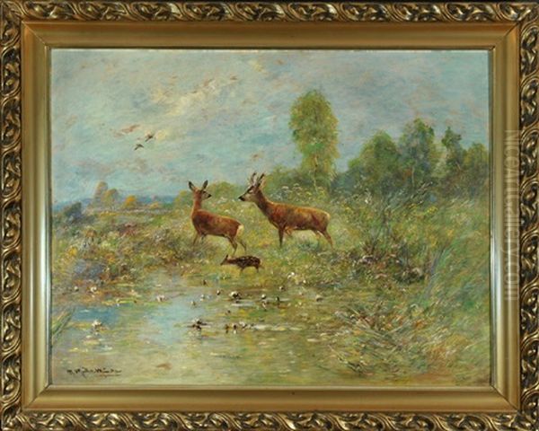 Rehe Mit Kitz Am Teich In Moorlandschaft Oil Painting by Moritz Mueller the Elder