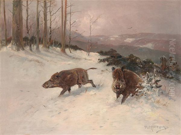 Wildschweine Im Winterwald Oil Painting by Moritz Mueller the Elder