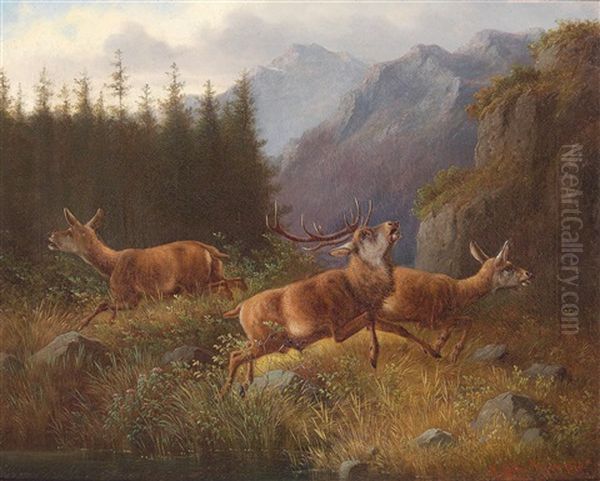 Red Deer In Flight Oil Painting by Moritz Mueller the Elder