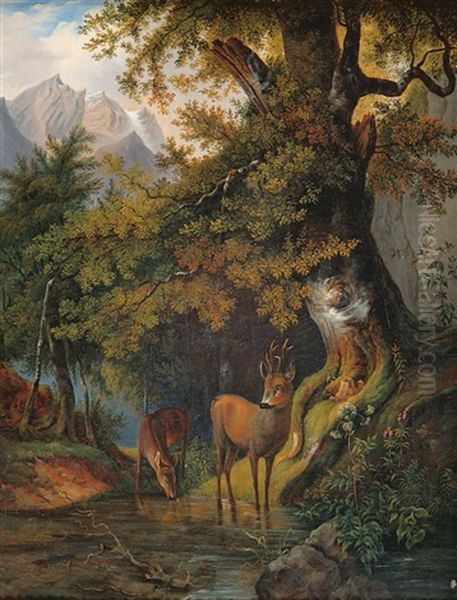 Rehe Im Gebirge Oil Painting by Moritz Mueller the Elder