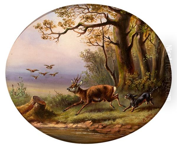 Morgendliche Waldlandlandschaft; Jagdhund Jagt Einen Rehbock Oil Painting by Moritz Mueller the Elder