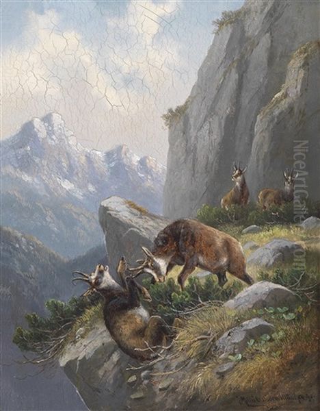 Gemsen Im Hochgebirge Oil Painting by Moritz Mueller the Elder