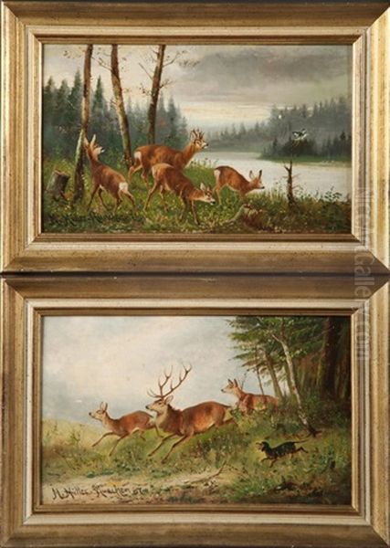 Rotwilddarstellung (+ Another; Pair) Oil Painting by Moritz Mueller the Elder