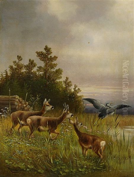 Rehe Und Auffliegender Reiher Am Teichrand Oil Painting by Moritz Mueller the Elder