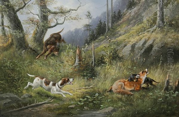 Gefangen. Jagdhunde Stellen Einen Fuchs Oil Painting by Moritz Mueller the Elder