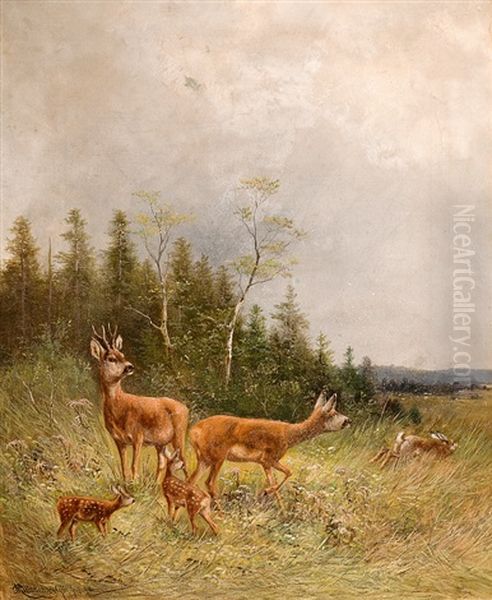 Rehe Am Waldrand Oil Painting by Moritz Mueller the Elder