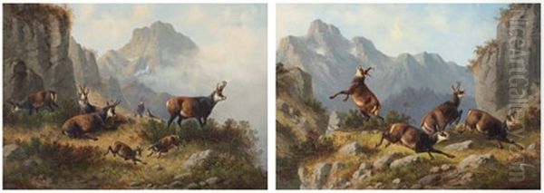 Gebirgslandschaft Mit Gamsen (+ Gamsjagd; Pair) Oil Painting by Moritz Mueller the Elder