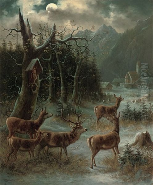 Deer Before An Alpine Village On A Christmas Night Oil Painting by Moritz Mueller the Elder