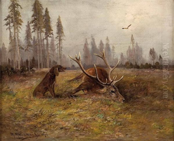 Jagdhund Vor Erlegtem Hirsch Oil Painting by Moritz Mueller the Elder