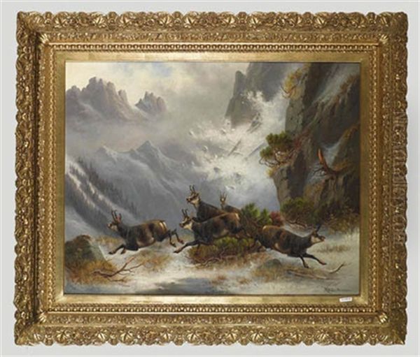 Gemsen Im Schnee Vor Lawine Oil Painting by Moritz Mueller the Elder