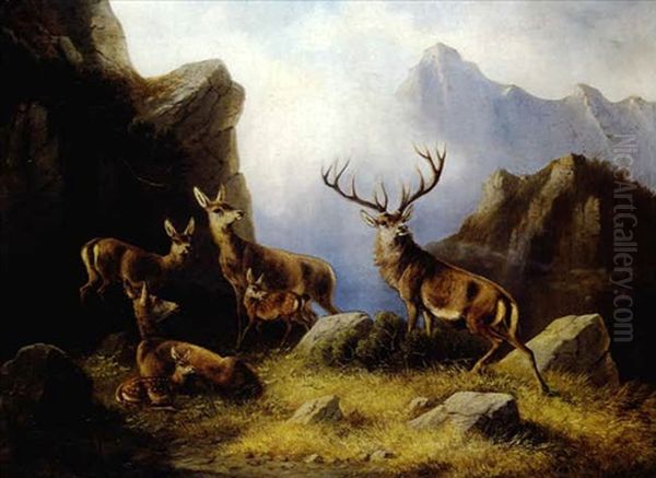 Deer In A Mountainous Landscape Oil Painting by Moritz Mueller the Elder