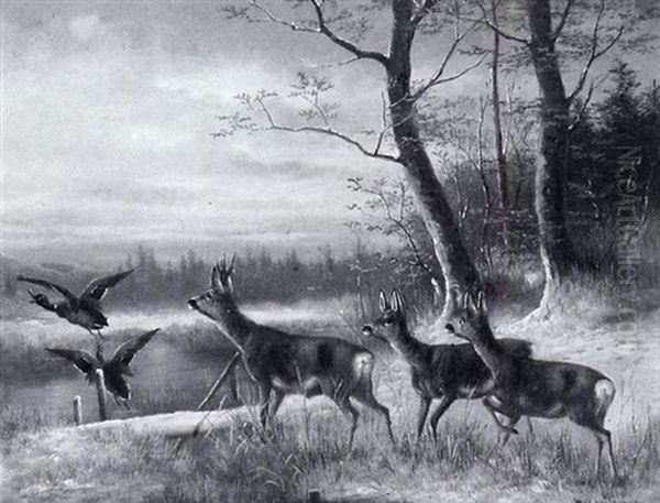 Rehe Und Enten In Winterlandschaft Oil Painting by Moritz Mueller the Elder