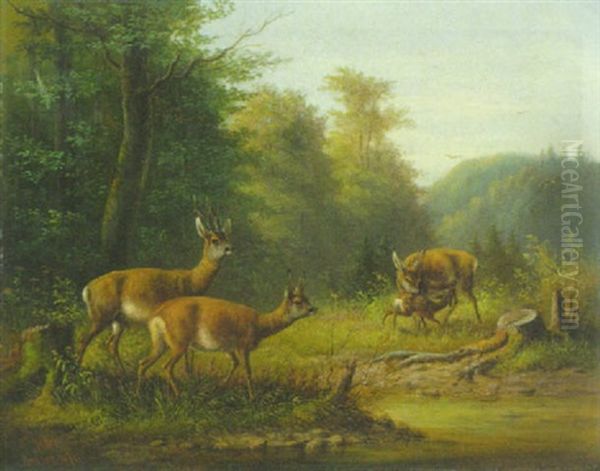 Rehe Auf Einer Waldlichtung An Der Tranke Oil Painting by Moritz Mueller the Elder