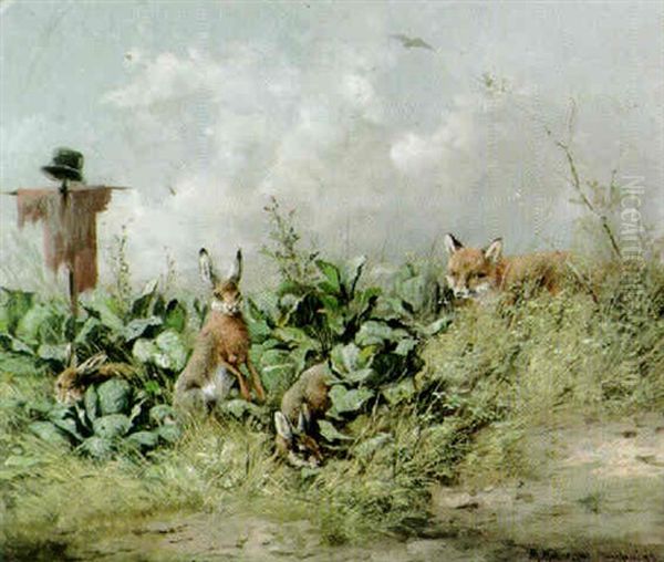 Drei Hasen Im Kohl Werden Vom Fuchs Belauert Oil Painting by Moritz Mueller the Elder