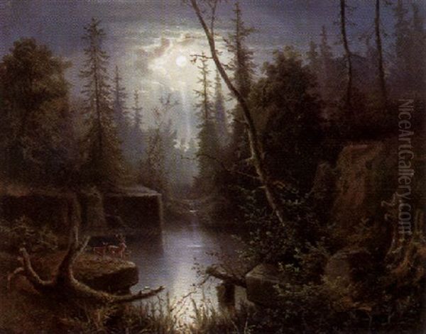 Waldweiher Im Mondlicht Mit Rehen Am Ufer Oil Painting by Moritz Mueller the Elder