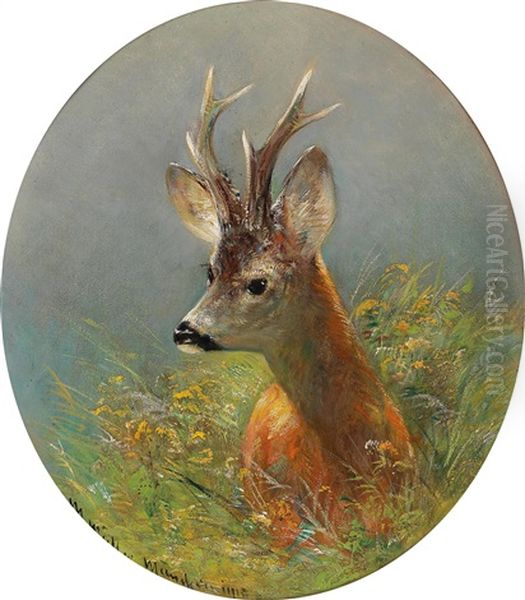 Roebuck Standing In The Tall Grass Oil Painting by Moritz Mueller the Younger