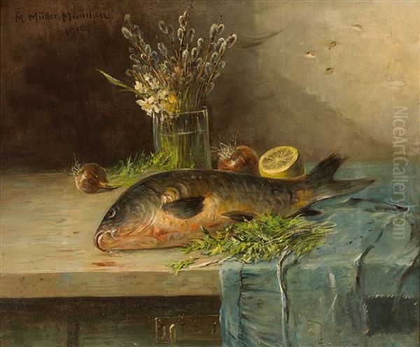 Stilleben Mit Fisch, Zitrone, Zwiebeln Und Weidenkatzchen In Vase Oil Painting by Moritz Mueller the Younger